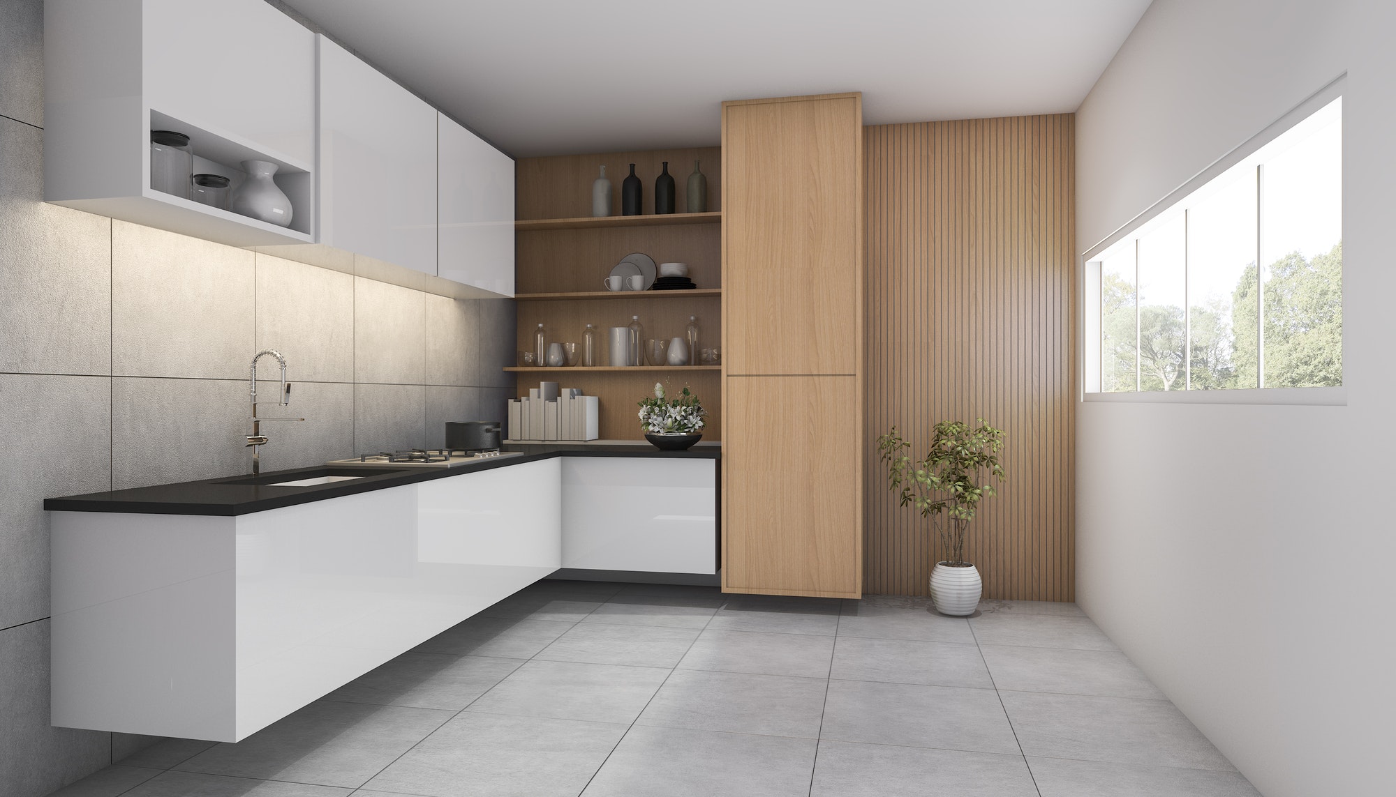 3d rendering contemporary wood kitchen with window