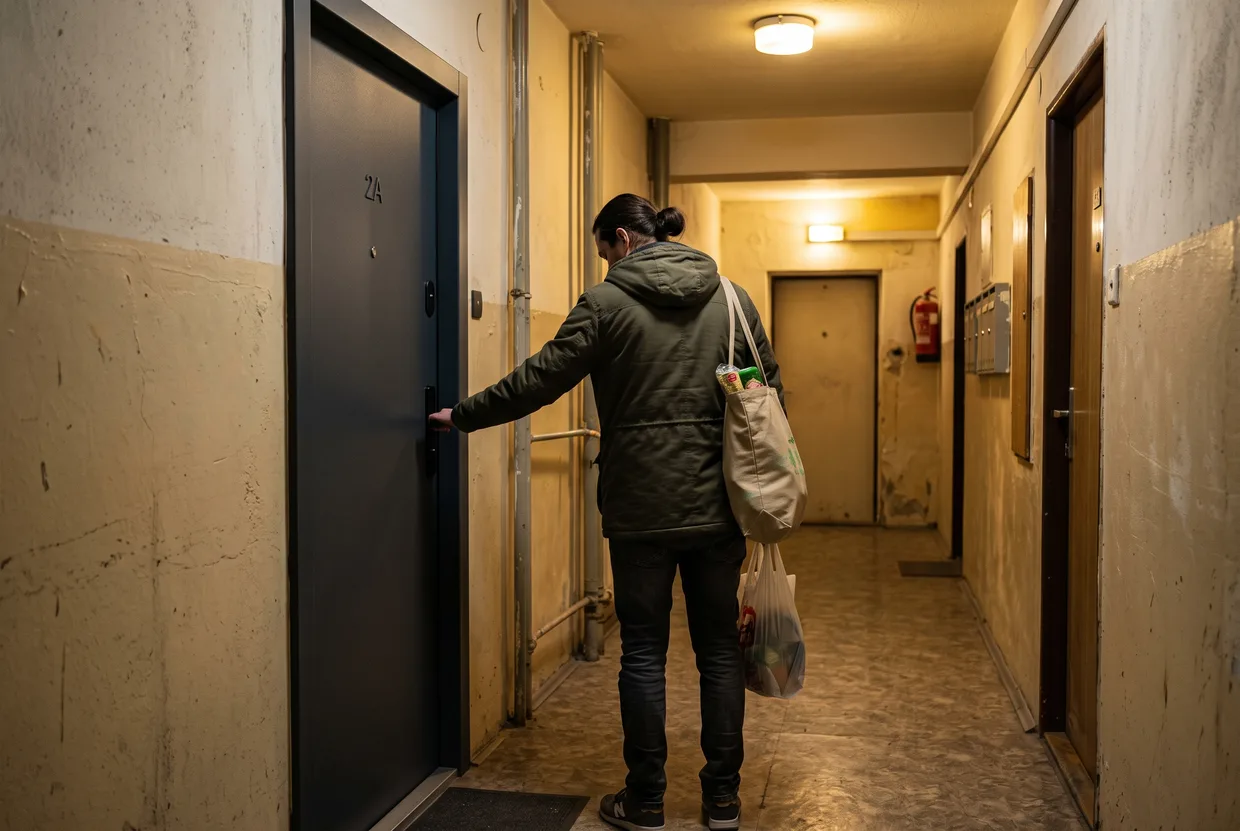 Zabuchnuté vchodové dvere bytu v panelákovej chodbe