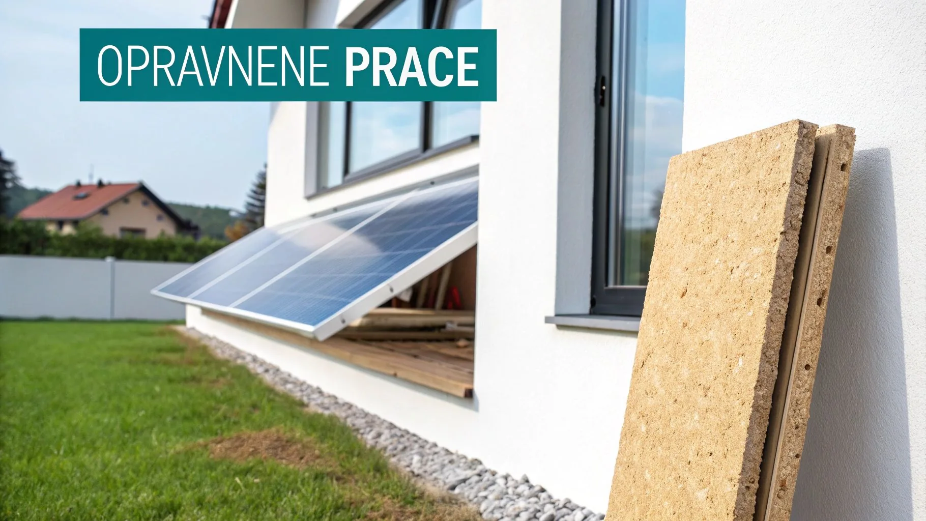 Pohľad na stenu domu s lešením a pripraveným zatepľovacím materiálom
